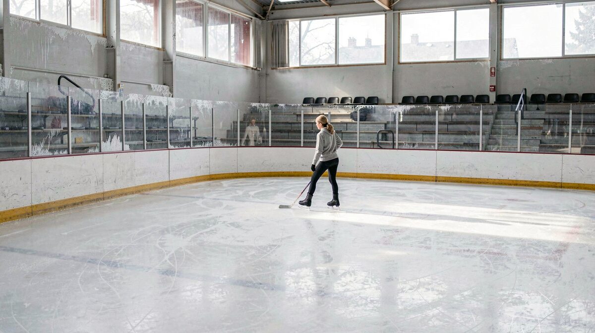 Glace intérieure d'une patinoire de petite ville pendant un entraînement, vue d'ensemble sous un éclairage froid de plafond.