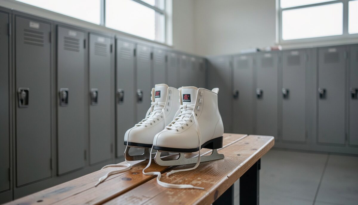 Une paire de patins à glace pour enfant posée sur le rebord d'un banc de vestiaire d'aréna, lacets défaits, casier de métal en retrait, lumière froide du matin.