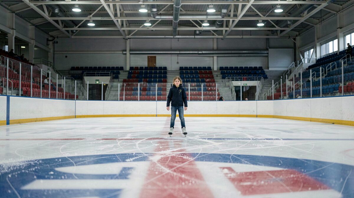 Une patineuse seule au centre d'une glace intérieure, vue de loin, sous un éclairage froid de plafond, avec les lignes bleues et rouges de la surface visibles au premier plan et les gradins vides dans le fond.
